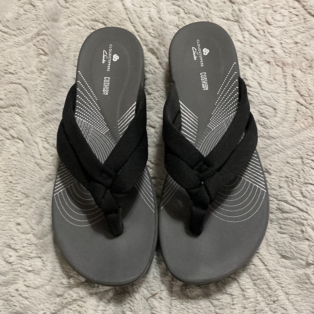 Clarks, thick sole, black braided thong sandals, size 9, like new, gently worn